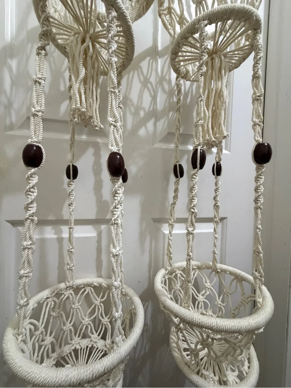 2 Vtg Macramé Hanging Planters 2 tier Pot Holders Cream Rope/Wood Beads, Tassels